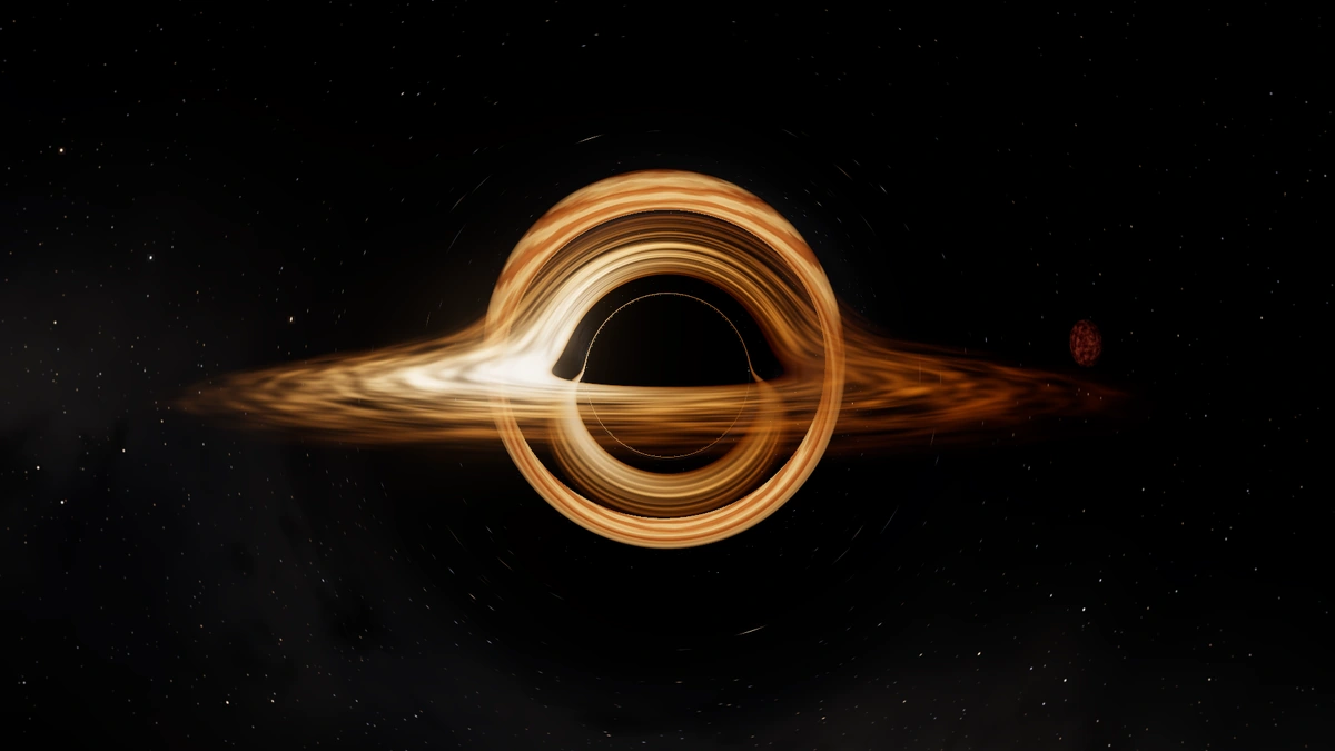 Screenshot of the Black Hole Simulator: a glowing orange accretion disk around a black hole's shadow, with a banded gas giant behind the hole lensed into a ring around it, against a starfield
