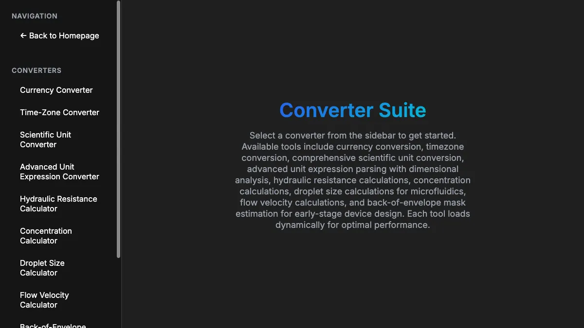 Screenshot of the Converter Suite: a sidebar of currency, time-zone, unit and microfluidics calculators beside an intro panel