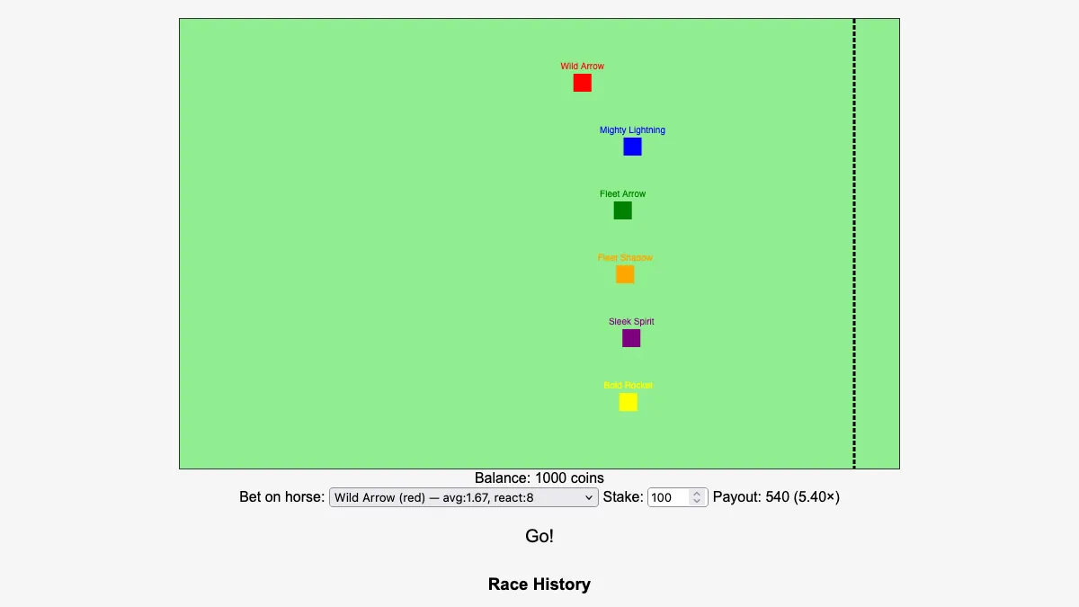 Screenshot of Horse Race mid-race: six coloured horses crossing a green track, with the betting controls below