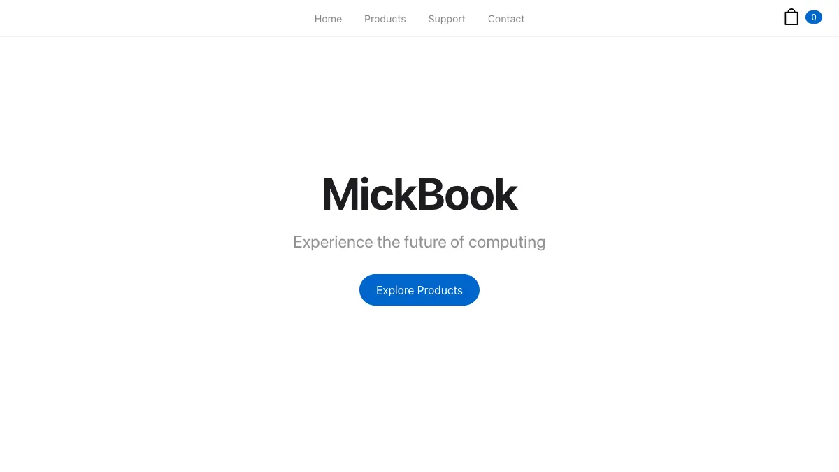 Screenshot of the MickBook store homepage: “MickBook. Experience the future of computing” with an Explore Products button