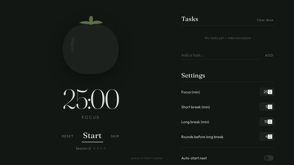 Screenshot of the Pomodoro Timer: a tomato above a 25:00 focus countdown, with a task list and timer settings alongside
